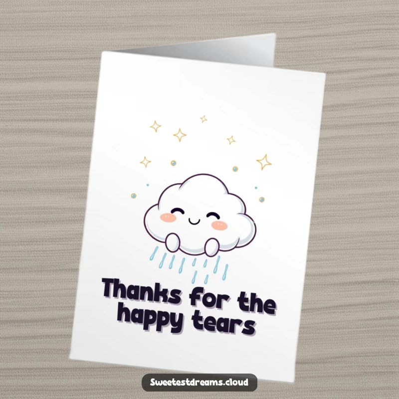 Funny Free Printable Thank You Card: Smiling cloud scattering gentle, sparkling raindrops. A delightful downloadable gift.