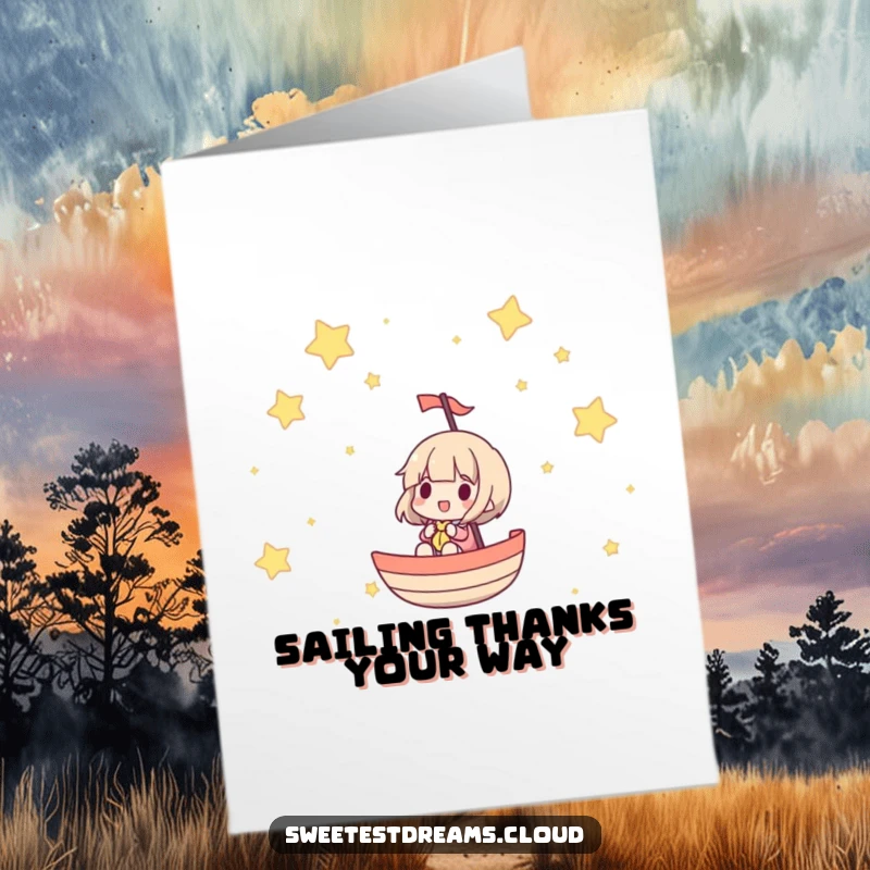 Funny free printable thank you card of a character peacefully sailing through a galaxy of stars, conveying deep appreciation.