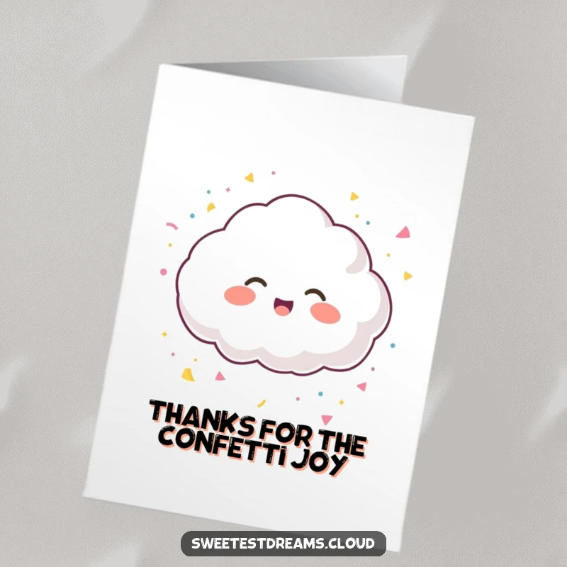 Funny Free Printable Thank You Card: A cloud character giggles with delight while showering confetti, signifying heartfelt thanks.