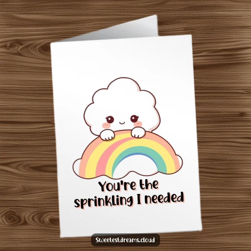 Funny Free Printable Thank You Card: Cute cloud peeking over a rainbow, sending thanks with a curious expression.
