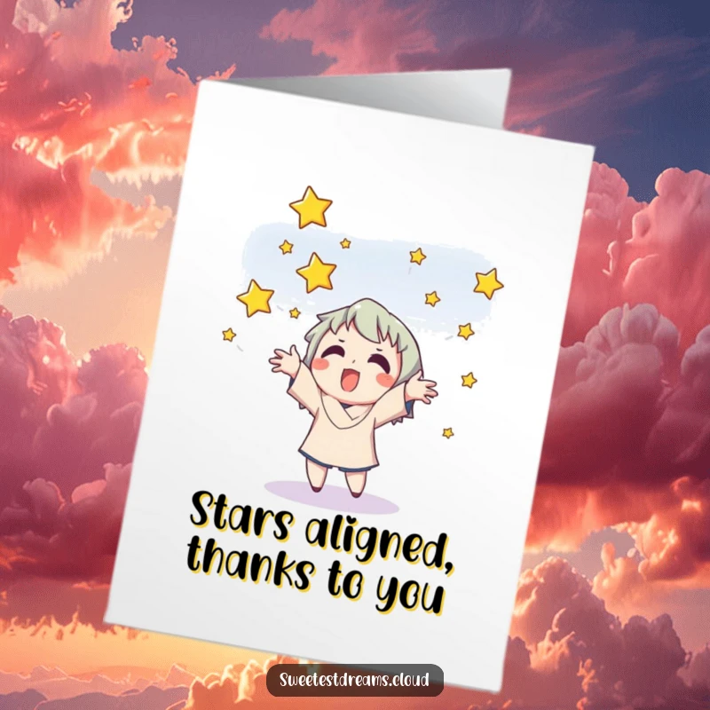 Funny free printable thank you card with a whimsical character catching stars, expressing heartfelt thanks with a touch of cosmic humor.
