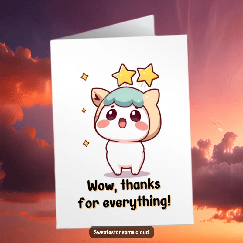 Free Printable Thank You Card: Cute kawaii character with a shocked expression watches a shooting star land right in front of them.