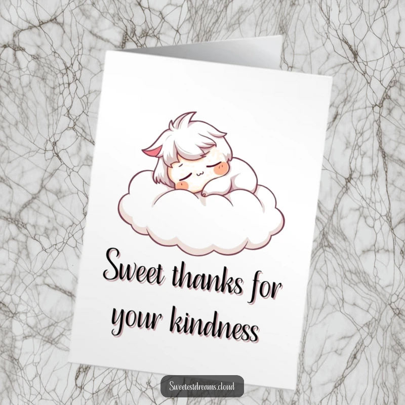 Funny Free Printable Thank You Card with a character peacefully snoozing on a cloud, conveying gentle gratitude.