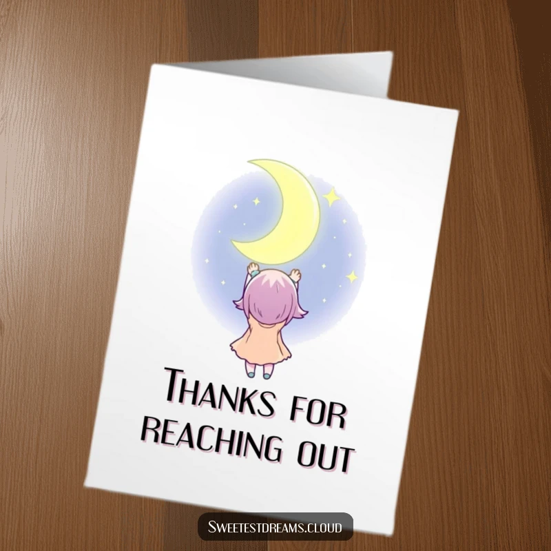 Funny Free Printable Thank You Card: Character reaching out to a vast, twinkling crescent moon.