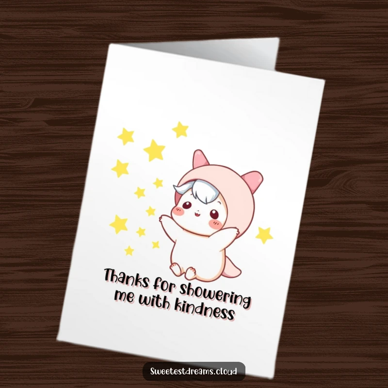 Free Printable Thank You Card: Kawaii character tossing bright, sparkling stars into the night sky, signifying a shining thank you.