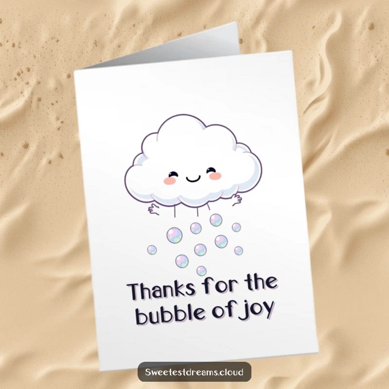 Funny Free Printable Thank You Card: A friendly cloud character catches an abundance of shiny, iridescent bubbles gracefully.