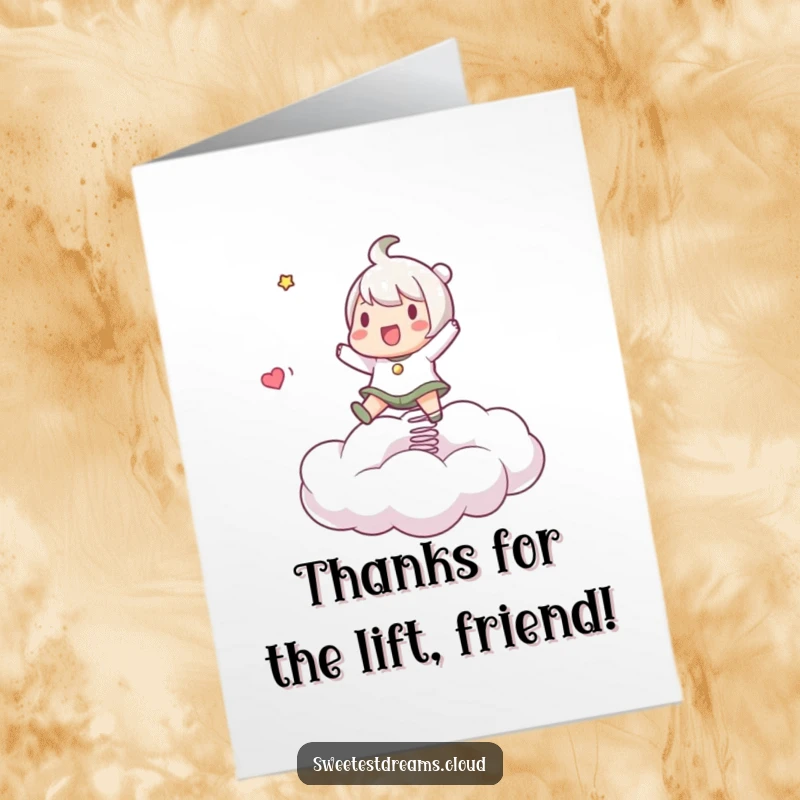 Funny Free Printable Thank You Card: Character playfully bouncing on a springy cloud, a delightful way to say thanks.
