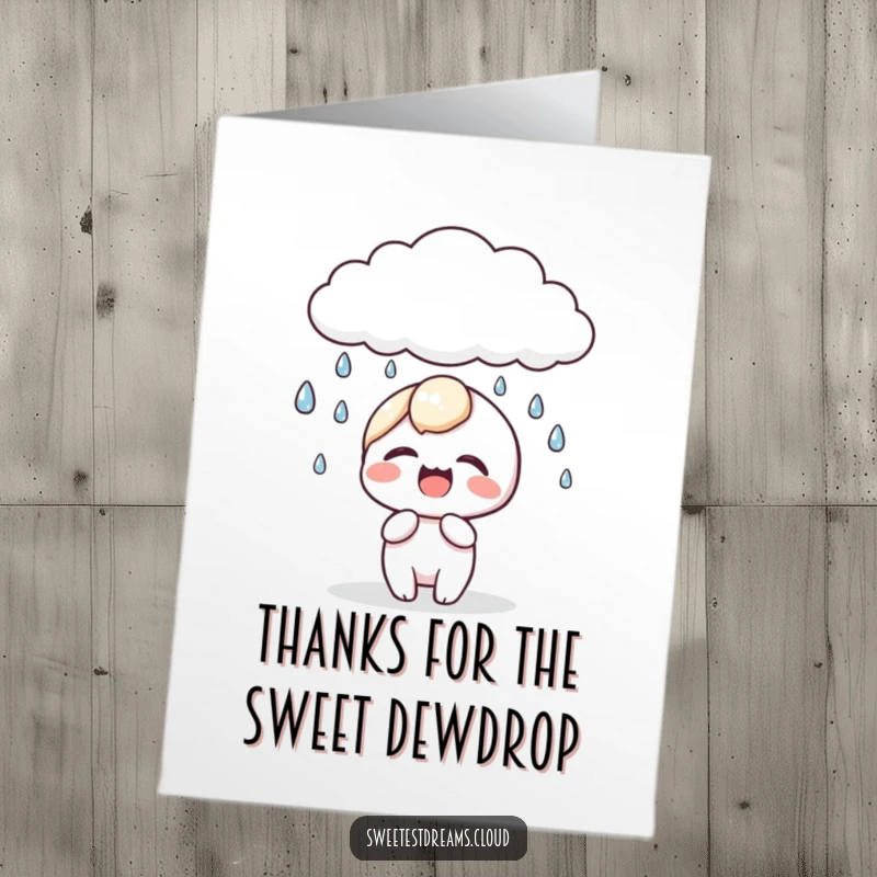 Funny Free Printable Thank You Card: A kawaii character giggles joyfully as gentle dewdrops fall from a fluffy cloud.