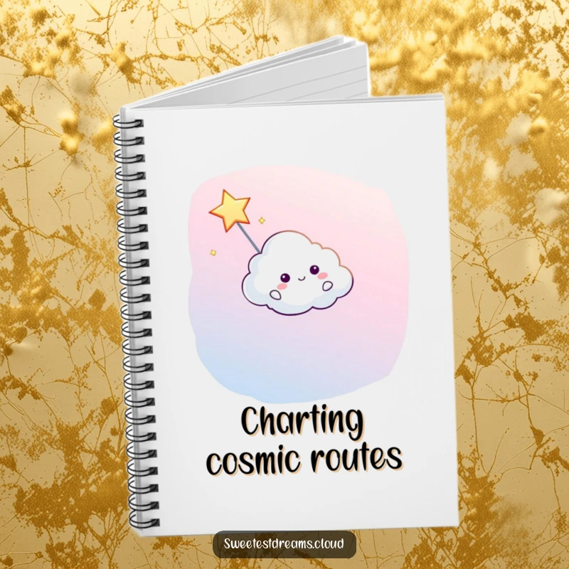 Funny notebook cover with a cloud character guiding a shooting star, inspiring celestial thoughts.