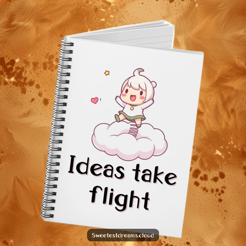 Funny Notebook with a character joyfully bouncing on a springy cloud, perfect for notes and creative ideas.