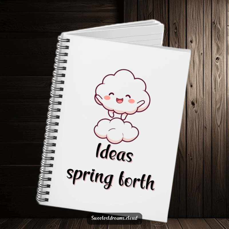 Funny cloud character joyfully bouncing on a smaller cloud. Humorous notebook.