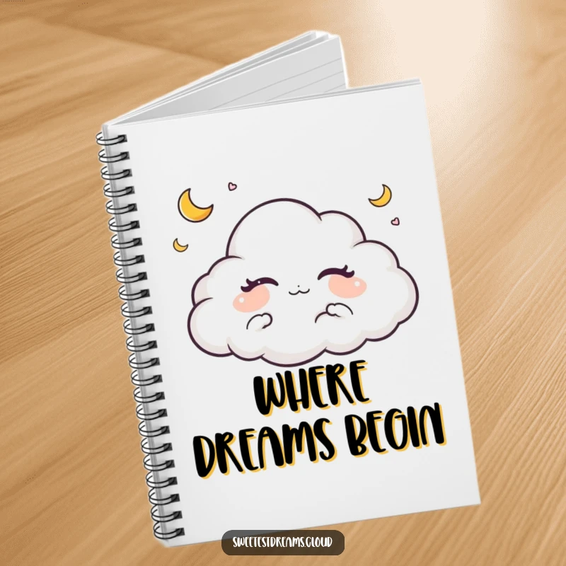 Funny notebook featuring a cloud character dreaming with closed eyes and small crescent moons, perfect for journaling peaceful thoughts.