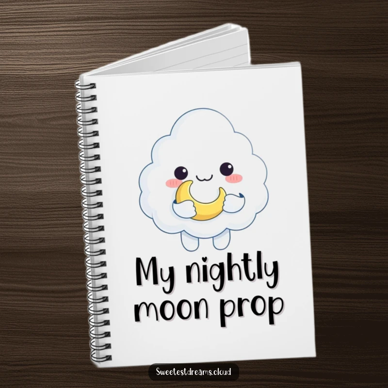Funny cloud character holding a crescent moon like a toy on the cover of a humorous notebook for writing.