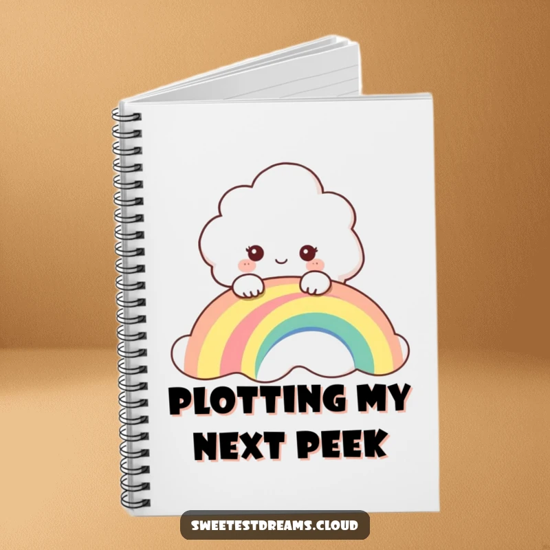 Funny notebook featuring a curious cloud character peeking over a rainbow, designed for capturing bright ideas and dreams.