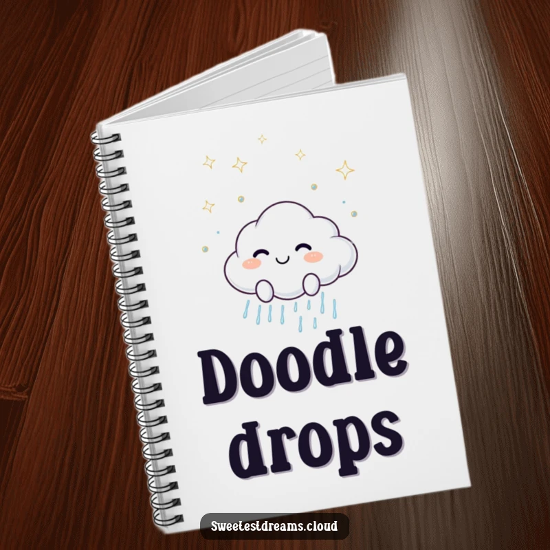 Funny notebook featuring a smiling cloud character scattering sparkling raindrops, perfect for jotting down happy thoughts and ideas.