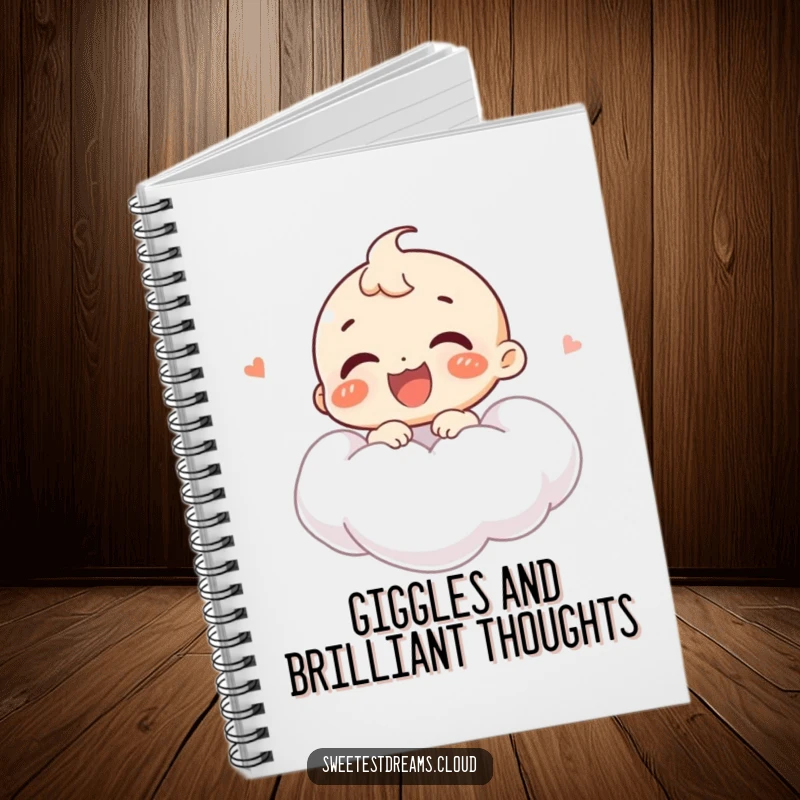Funny notebook with a joyful character giggling while floating on a cloud, designed for jotting down happy and humorous ideas.