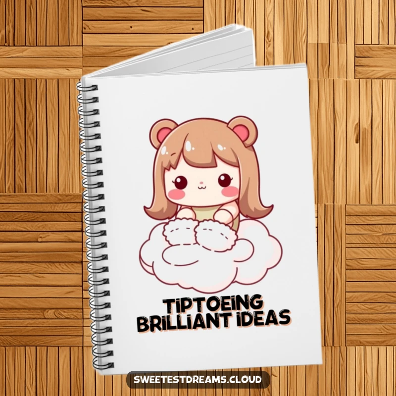 Funny kawaii character notebook, wearing fluffy slippers, tiptoeing on a cloud, perfect for journaling and creativity, stationery humor.