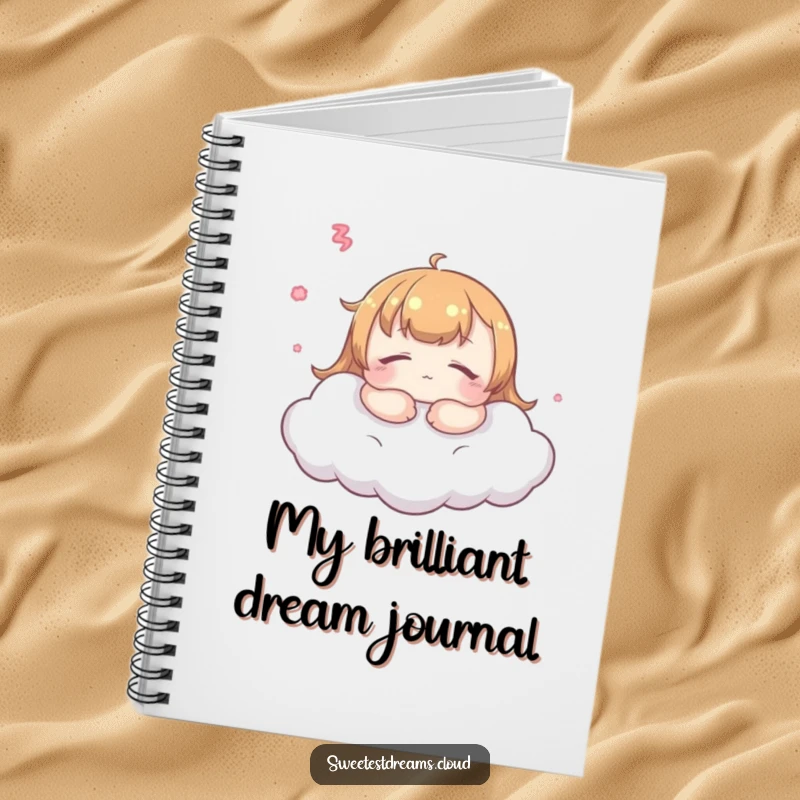 Funny kawaii dreamer notebook, peaceful character resting on a cloud, perfect for journaling and dreaming, stationery humor.