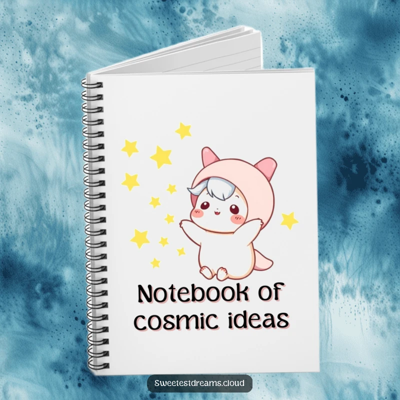 Funny kawaii character notebook, playfully tossing stars into the night sky, perfect for journaling and creativity, stationery humor.