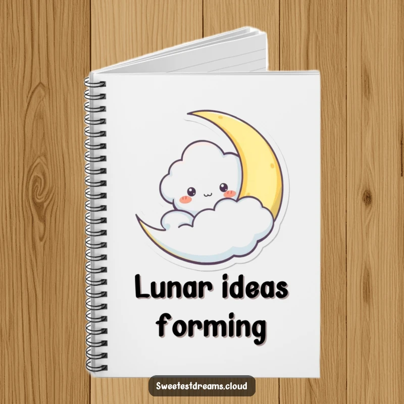 Funny notebook with a cloud character playfully peeking from behind a crescent moon, ideal for jotting down whimsical ideas.