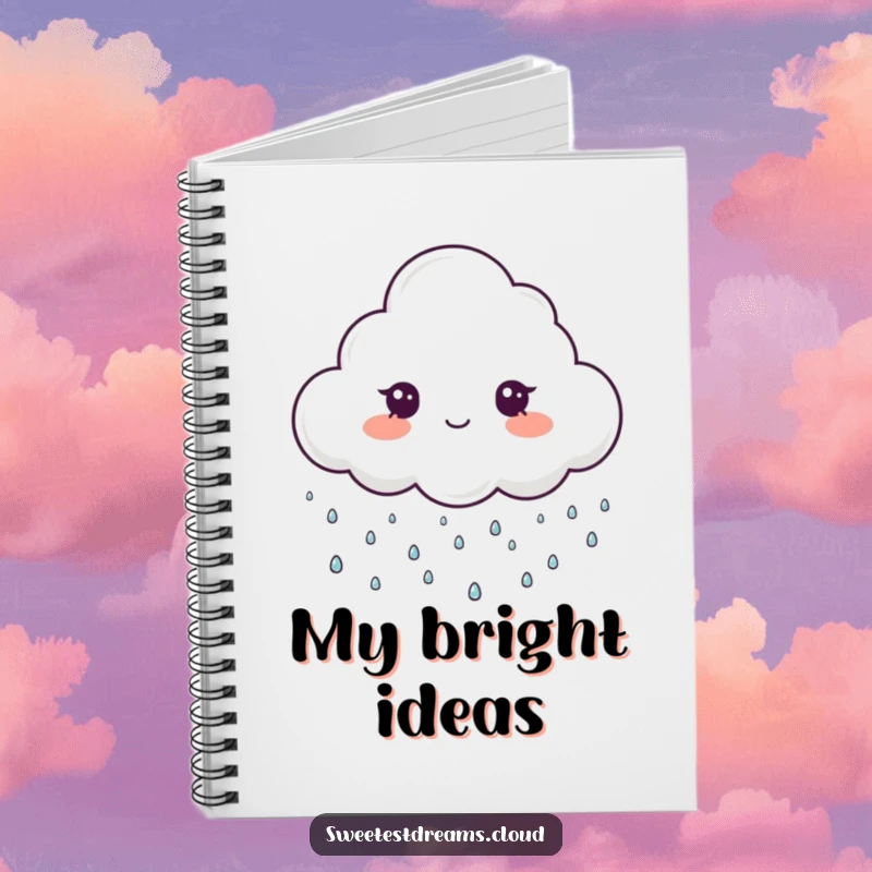 Funny notebook with a cloud character gently raining tiny, sparkling drops, perfect for jotting down notes with a humorous theme.