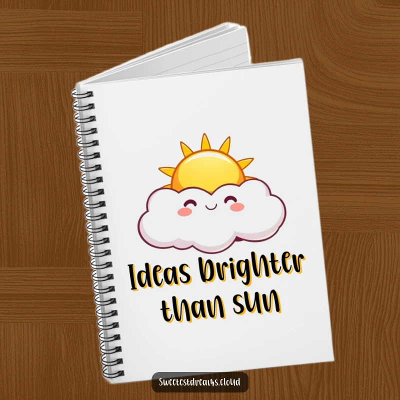 Funny Sunny Sun Notebook with a cover showing a smiling sun peeking from playful clouds, ideal for journaling cheerful thoughts and funny ideas.