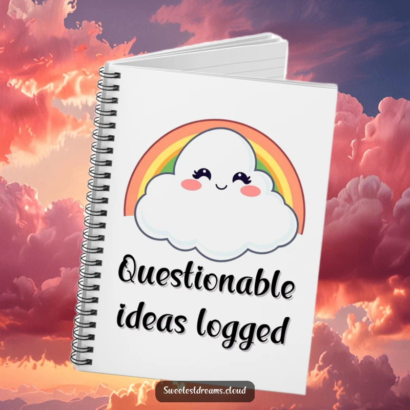 Funny notebook with a cloud mischievously winking from behind a rainbow, ideal for note-taking with playful humor.