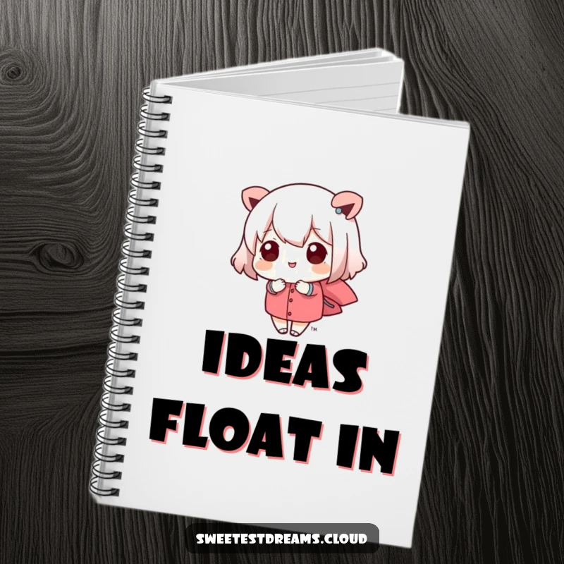 Funny kawaii character writing in a notebook, being gently carried by a soft breeze. This notebook is a humorous gift.