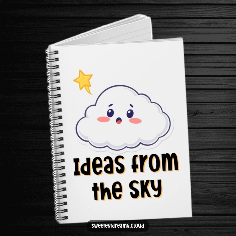 Funny cloud notebook with a surprised cloud character observing a shooting star, ideal for capturing creative ideas.