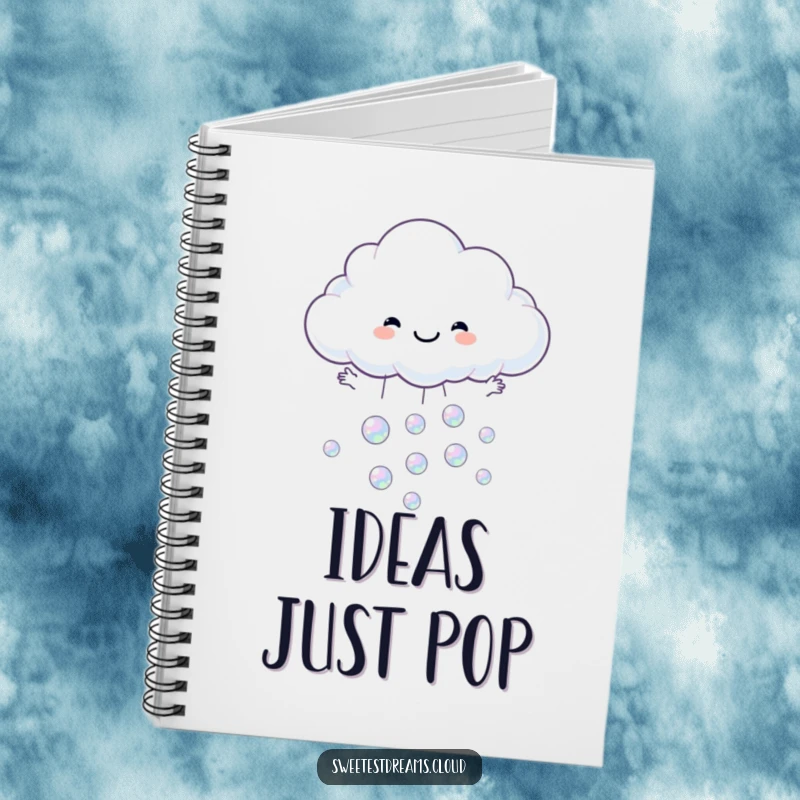 Funny notebook cover with a cloud character catching iridescent bubbles, inspiring creativity.