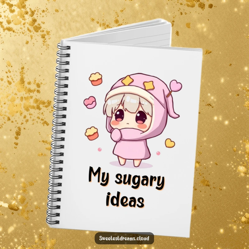 Funny Notebook with a character in a nightcap gazing at floating sweets, perfect for capturing ideas with a humorous, sweet vibe.