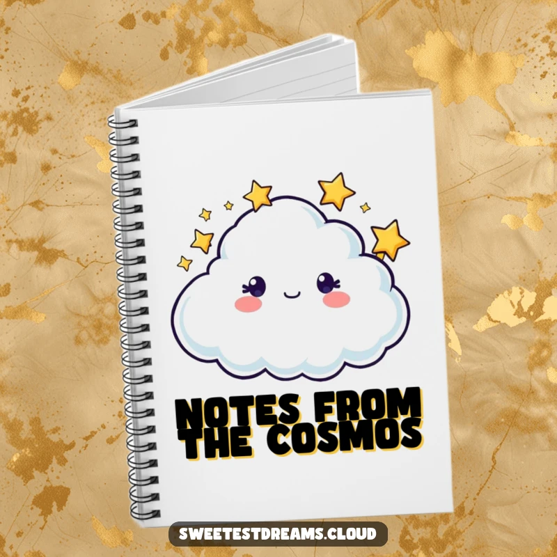 Funny cloud character with twinkling stars around its head on the cover of a humorous notebook for writing.