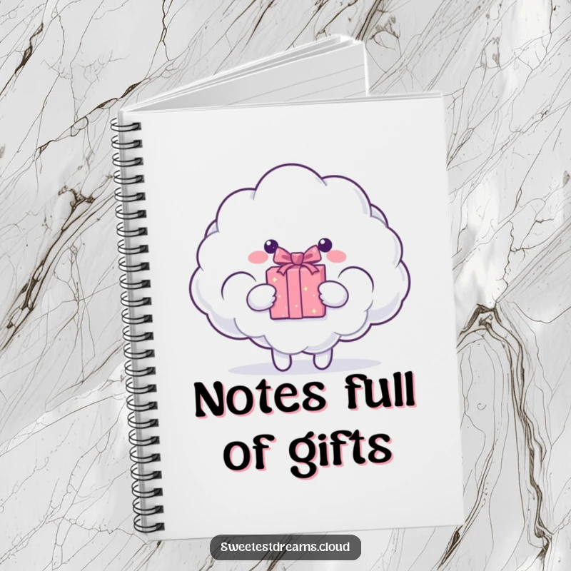 Funny cloud character presenting a sparkling gift box. Humorous notebook.