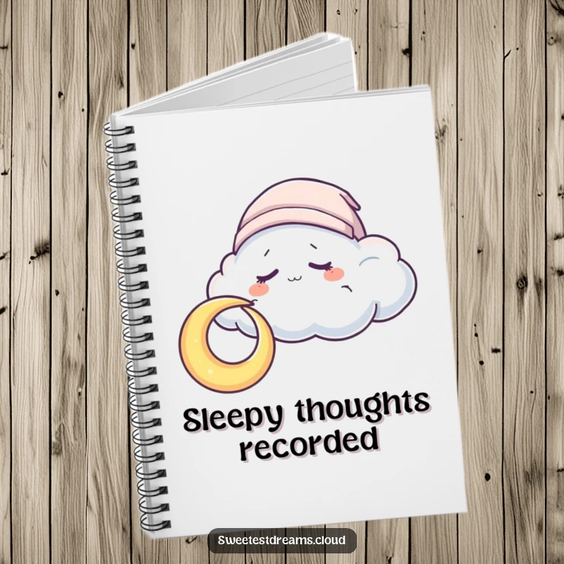 Funny Notebook with a sleepy cloud character nuzzling a crescent moon, ideal for journaling peaceful and dreamy ideas.