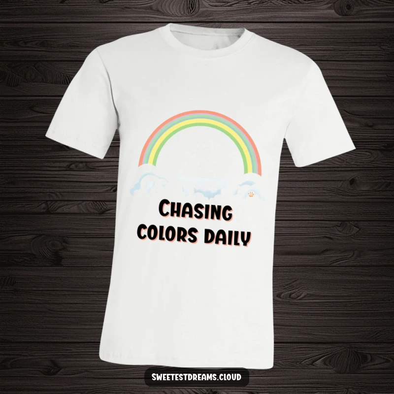 Funny Rainbow Cloud T-Shirt with a gentle rainbow arching over soft clouds, perfect for expressing hopeful and humorous optimism.