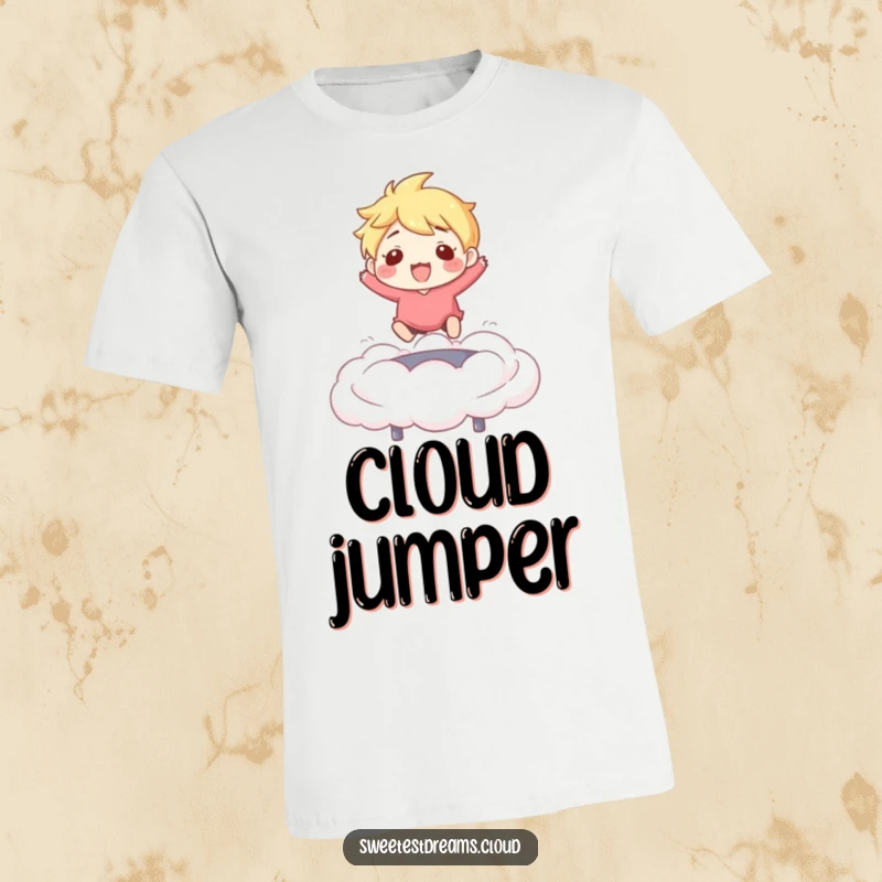 Funny T-Shirt: Character happily trampolining on a puffy cloud, showing airborne joy and energetic fun.