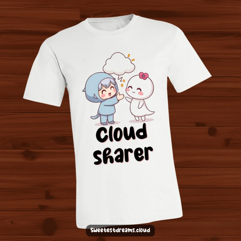 Funny t-shirt design of a character happily offering a cloud to another, representing generosity and friendship.