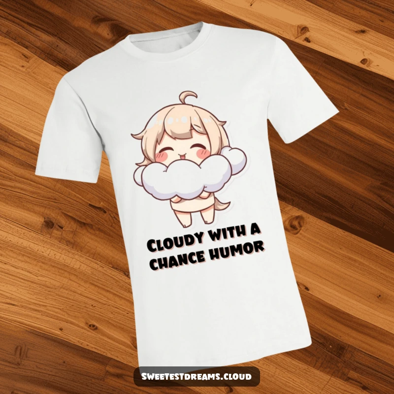 Funny T-Shirt with a joyful character giggling as they blow whimsical, fluffy cloud shapes, perfect for casual wear.