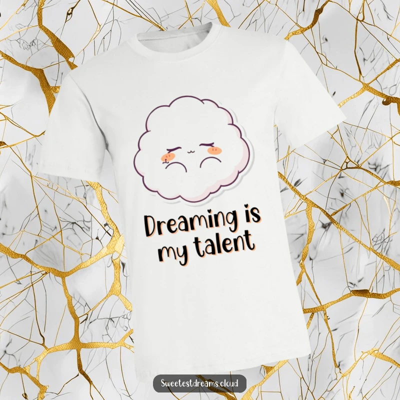 Funny fluffy cloud character t-shirt, eyes closed, peacefully dreaming. A humorous garment for those who cherish tranquility and imagination.