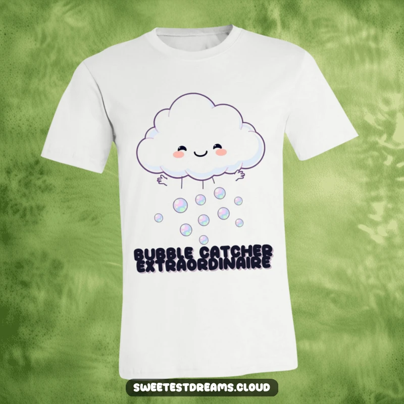 Funny t-shirt depicting a cloud character with outstretched arms playfully catching colorful, iridescent bubbles.