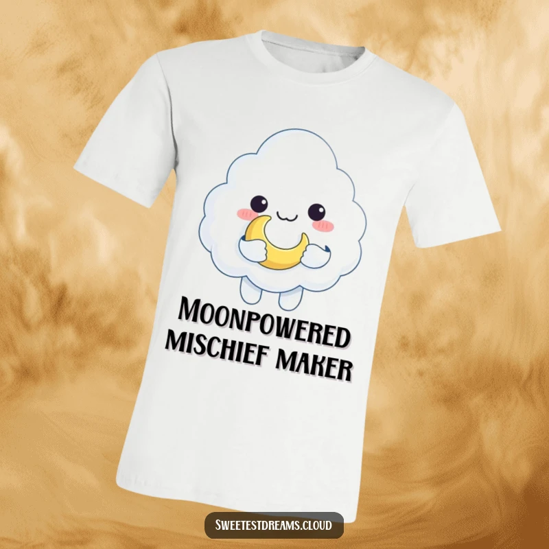 Funny cloud character joyfully holding a crescent moon like a small toy, printed on a comfortable, humorous t-shirt.