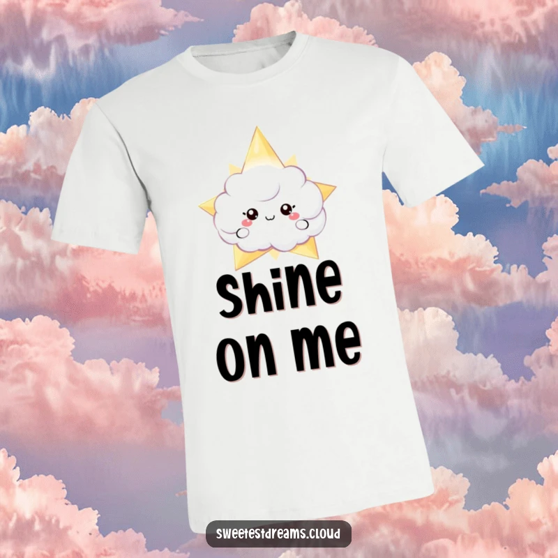 Funny t-shirt with a playful cloud character subtly peeking behind a giant, shimmering star, celebrating cosmic discovery.