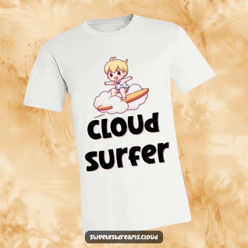 Funny t-shirt showing a character gleefully riding a fluffy cloud as if it were a surfboard.