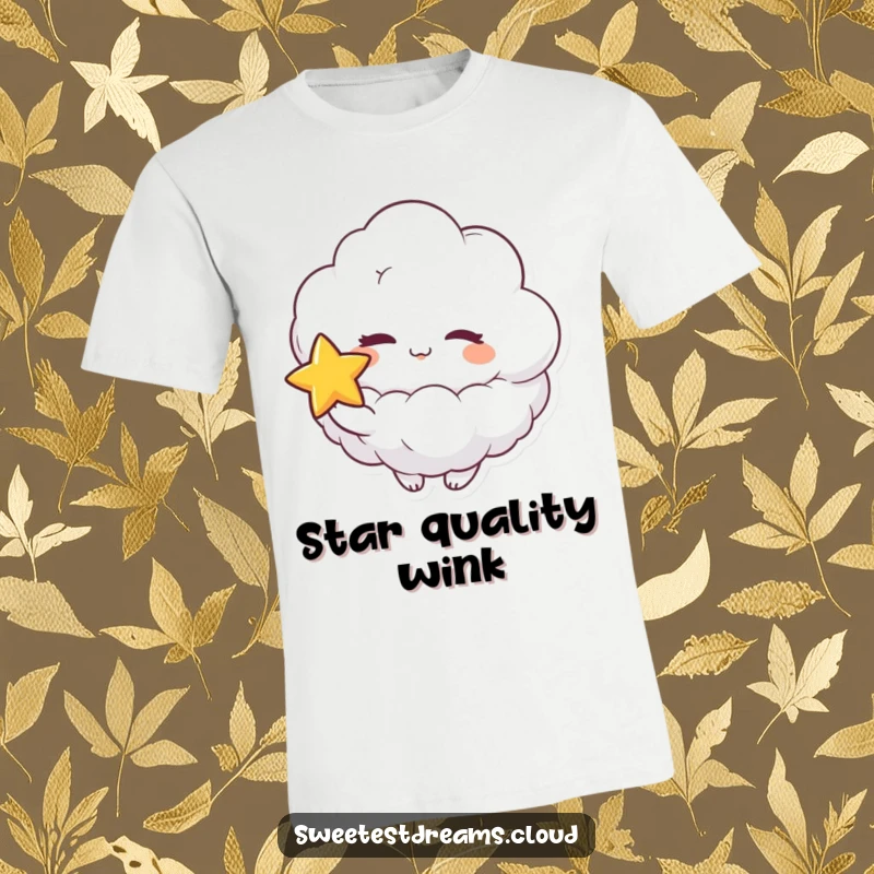 Funny t-shirt showing a fluffy cloud character playfully winking and holding a star, illustrating cosmic charm and lightheartedness.