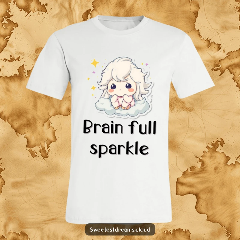 Funny t-shirt design featuring a character lost in dreams, with magical sparkling dust swirling around their head.
