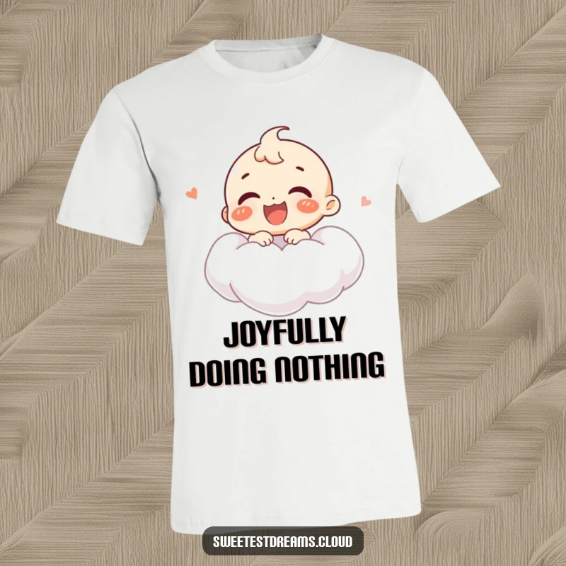 Funny t-shirt showing a joyful character giggling while floating on a soft cloud, embodying pure, unadulterated happiness and humor.