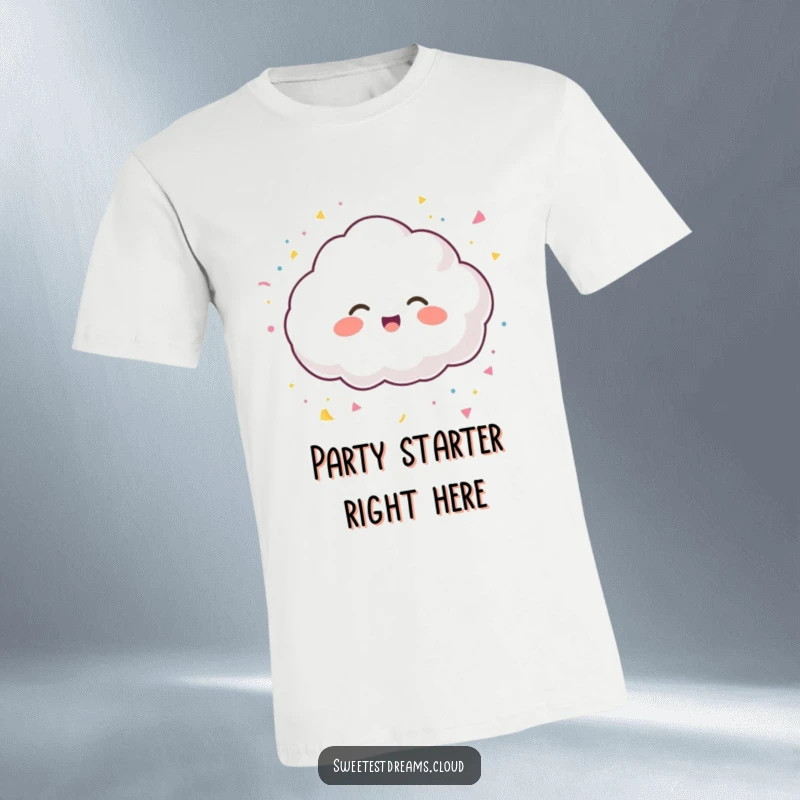 Funny t-shirt with a giggling cloud character gleefully tossing confetti, perfect for spreading festive cheer.