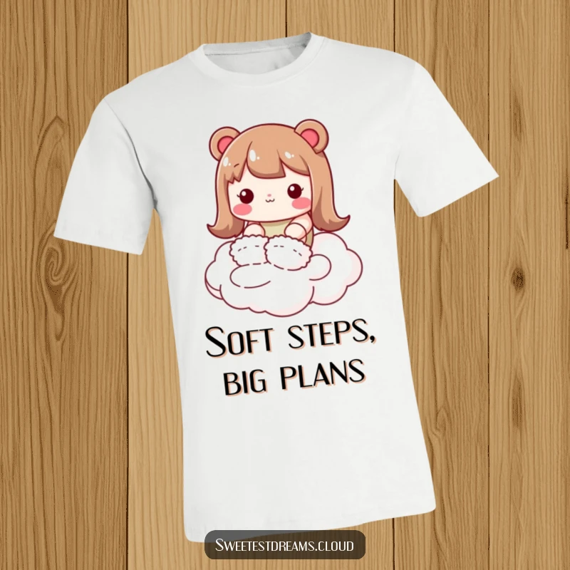 Funny kawaii character t-shirt, wearing fluffy slippers, tiptoeing on a cloud, cozy and humorous apparel.