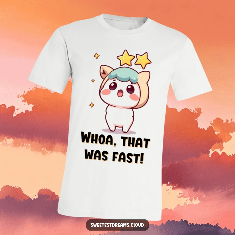 Funny kawaii character t-shirt, wide-eyed surprised expression, a shooting star landing close by, humorous reaction.