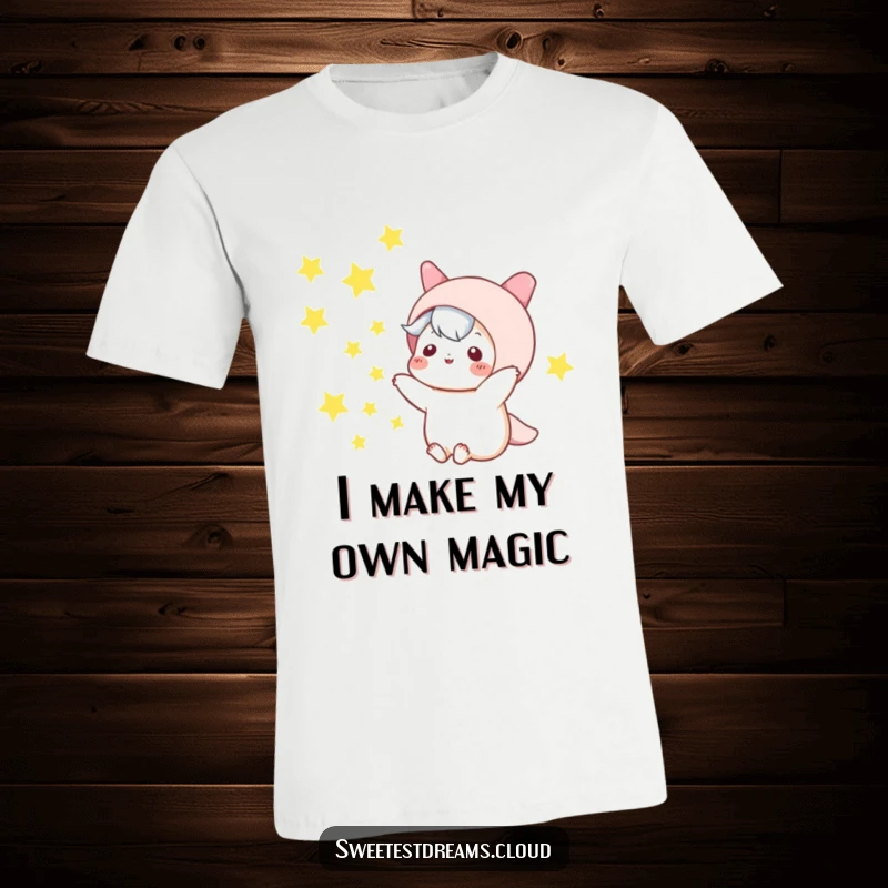 Funny kawaii character t-shirt, tossing sparkling stars into the night sky, whimsical and humorous apparel.